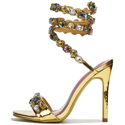 Star style Luxury Crystal Embellished Wraparound Women Sandals Stiletto High heels Gladiator Sandals Summer Wedding Prom Shoes - Kimlud