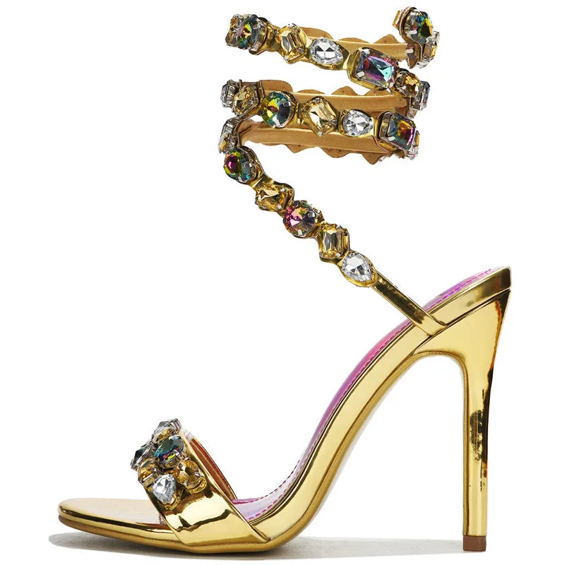 Star style Luxury Crystal Embellished Wraparound Women Sandals Stiletto High heels Gladiator Sandals Summer Wedding Prom Shoes - Kimlud