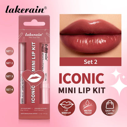 lakerain 3pcs mini matte lipstick+lip gloss+lip liner set precise outline three-dimensional lip plumping lipstick set