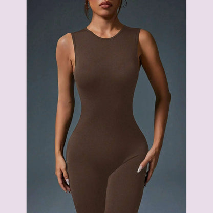 Tight Crewneck Sleeveless Jumpsuit, Zipper Closure Sports Yoga Slim Fit Long Seamless Jumpsuit, Women's Tracksuit