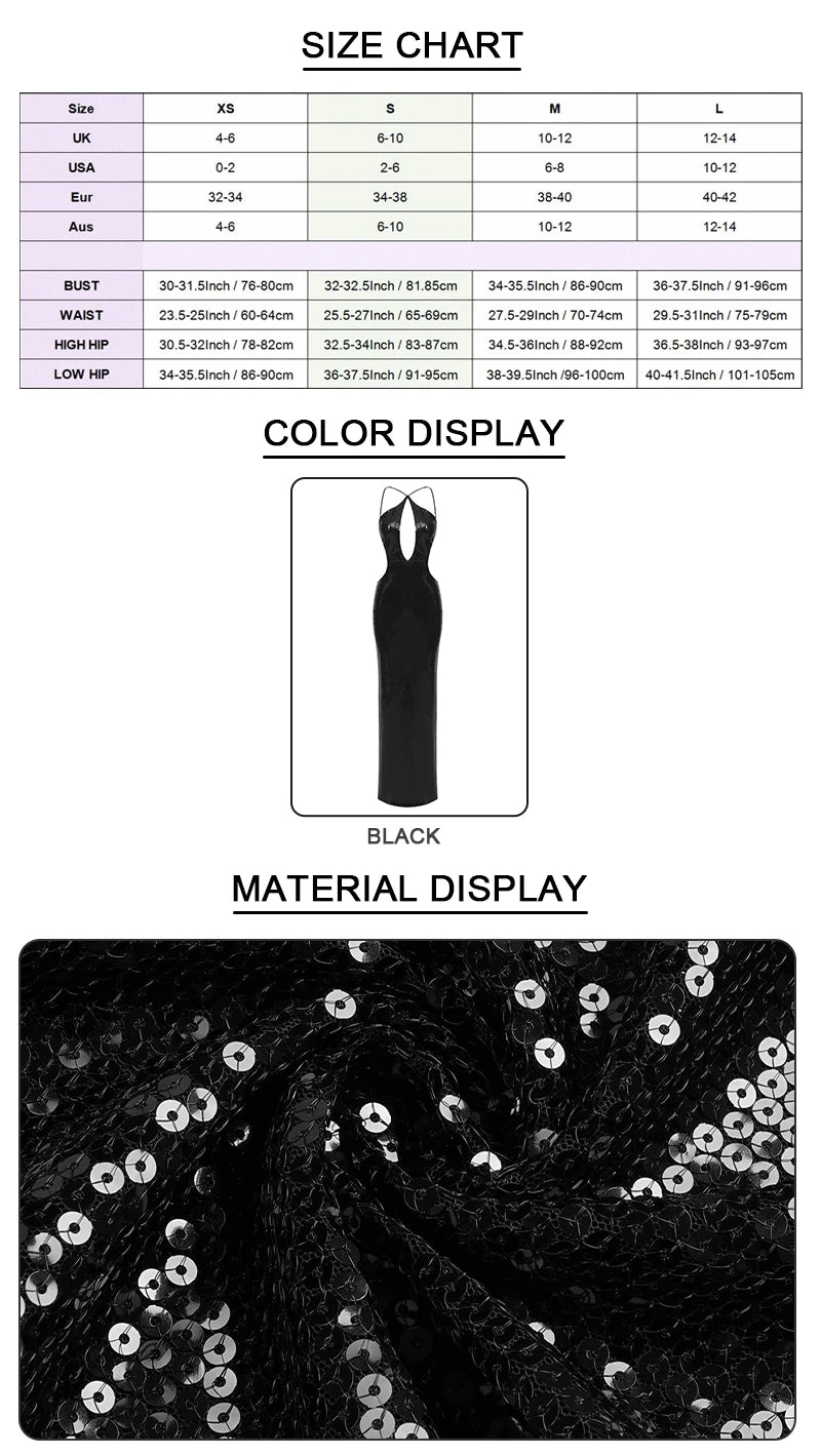 VC Women'S Luxury Party Dress Sexy Backless Black Sequins Long Dress For Special Events Female Clothing