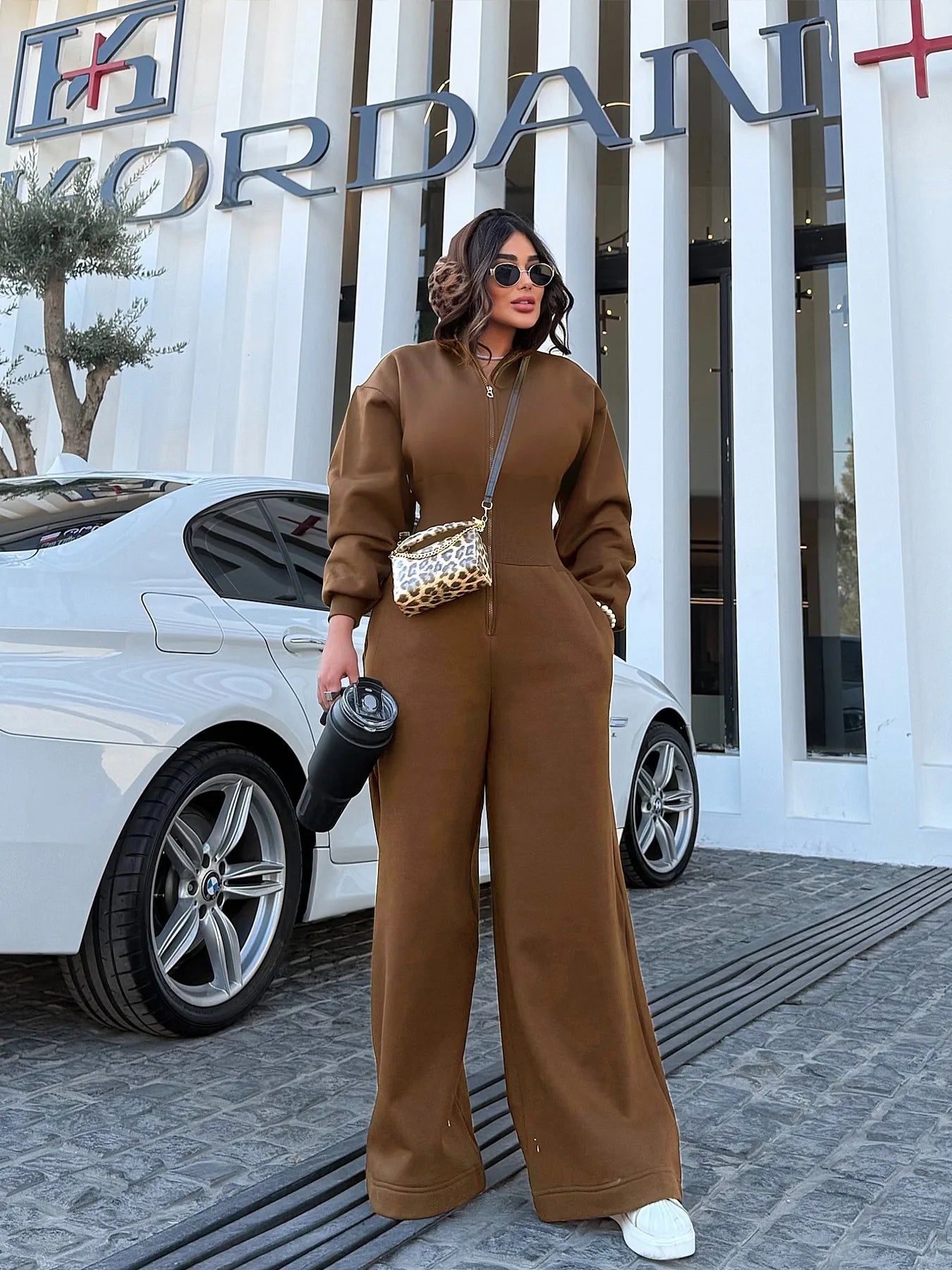 Women's Hooded Zipper Elastic Waist Jumpsuit Long Pants Sports Casual Solid Color Comfortable Casual Cross-Border Style