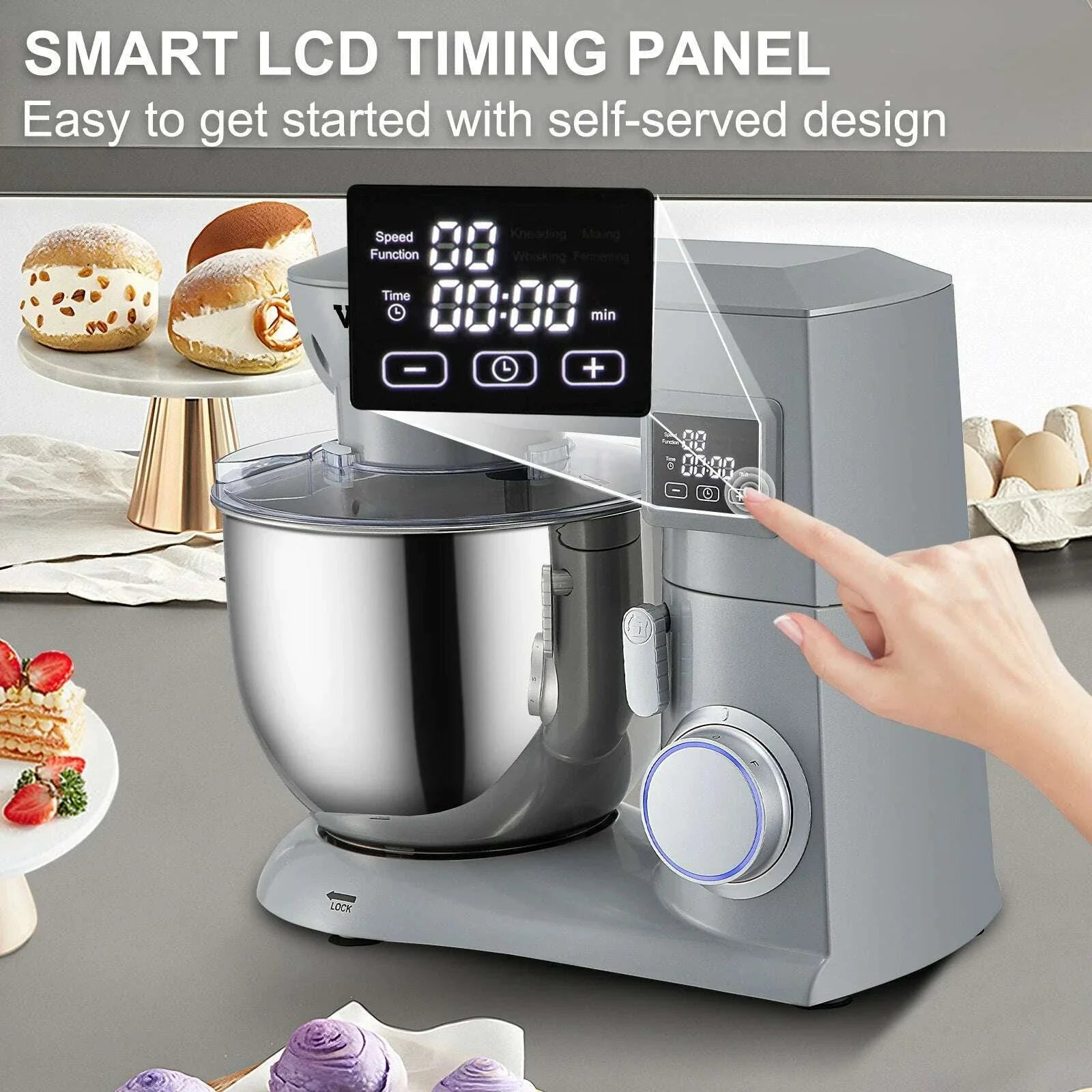 VEVOR 450W Electric Dough Mixer All Metal Stand Mixer with 6 Speeds LCD Screen Timing Tilt-Head Food Mixer Splash-Proof Cover