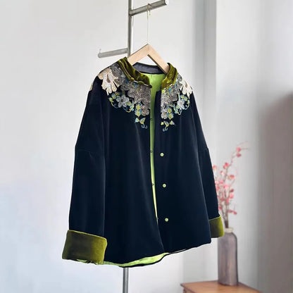 New Chinese Style Women's Velvet Jacket Heavy Embroidery Warm Cotton Coat Autumn Winter Cotton Padded Fashionable Little Cott...