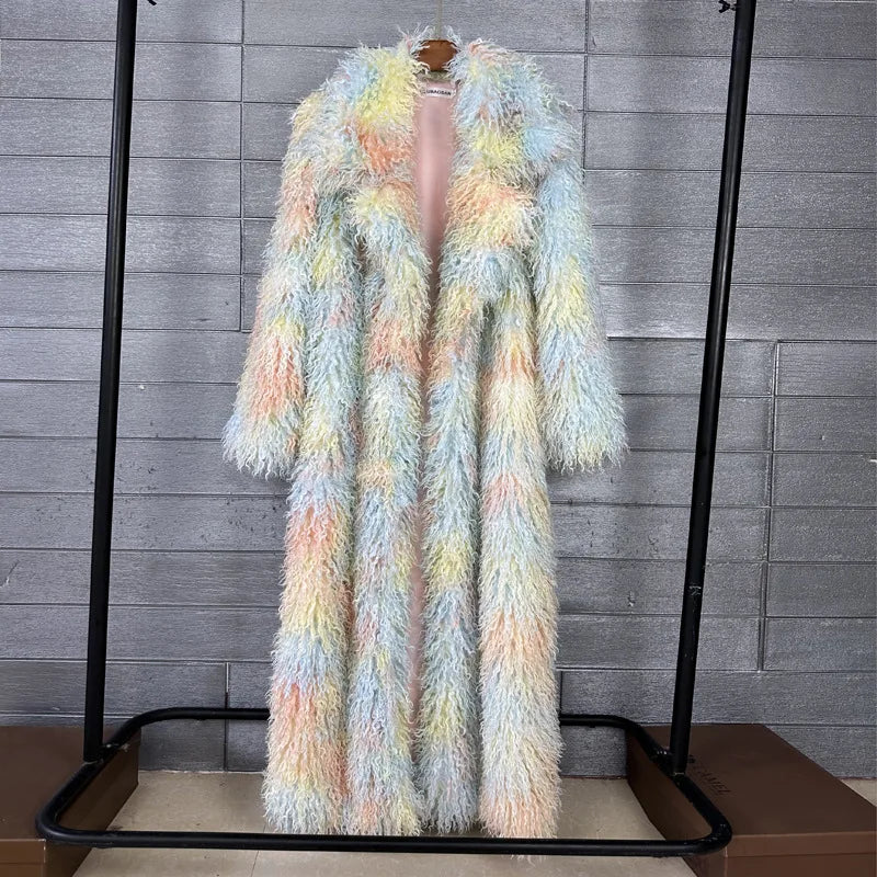 2025 Winter New Colorful Women's Furry Coat Rose Pink Faux Fur Coat Suit Collar Autumn Winter Thick Cardigan Long...