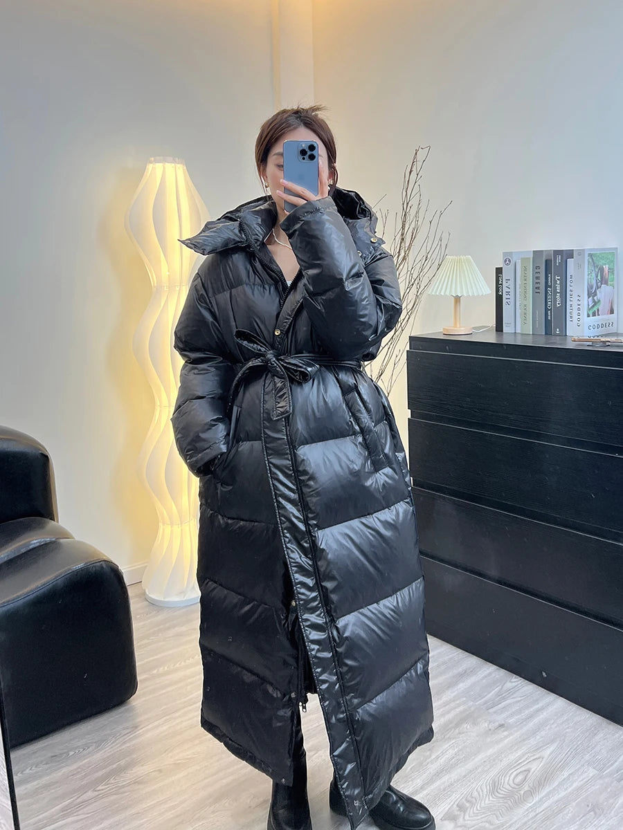 With Belt Women's Winter Down Jacket Long Puffer Coat White Duck Thick Warm Hooded Waterproof Down Jacket With Sashes Outwear