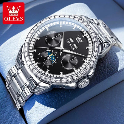 OLEVS 6695 NEW Men's Watches Full Multifunctional Dial Blue Leather Strap Calendar Week Moon Phase Waterproof Wristwatch...