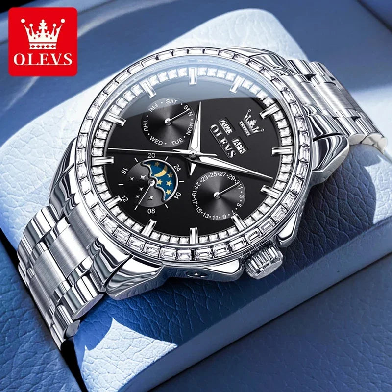 OLEVS 6695 NEW Men's Watches Full Multifunctional Dial Blue Leather Strap Calendar Week Moon Phase Waterproof Wristwatch...
