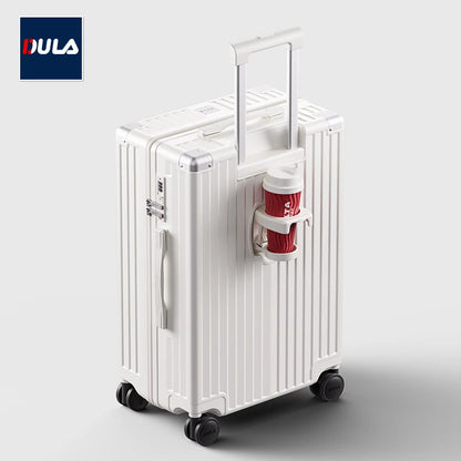 DULA Carry On Luggage with Cup Phone Holder Hard Shell Rolling Travel Suitcase with Spinner Wheels 20 24 26 Inch