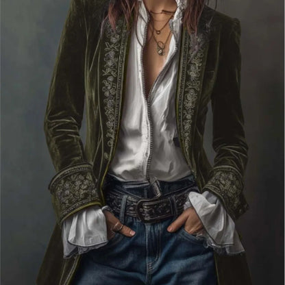 Retro Women's Jacket Loose Casual Temperament Fashion Printed Palace Style Jacket Long Sleeves Spliced gold Velvet Outerwears