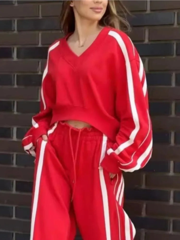New Fashion Long-sleeved V-neck Cropped Top + Wide-leg Pants 2-piece Set For Women Autumn Color-blocked Pocket Loose Suit Female