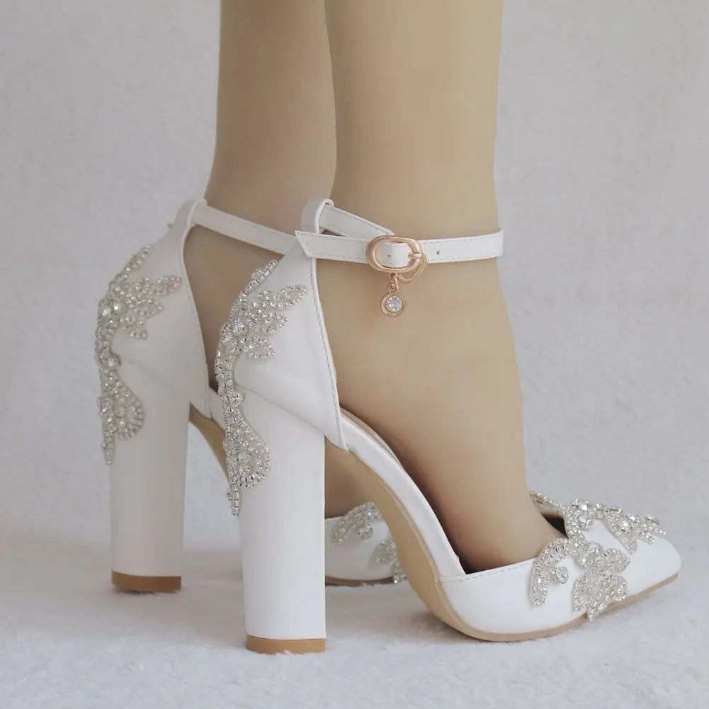 Summer Brand Women Sandals Party Flower Rhinestone Cover Heel 10.5 CM Square Heel Lady Wedding Hot Sale Lovely Women Shoe - Kimlud