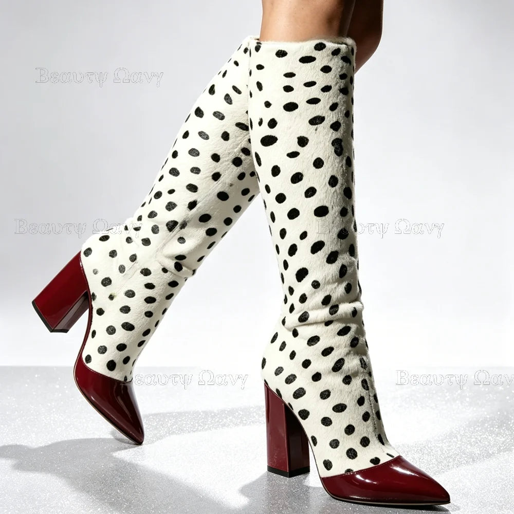 Green Red Milk Leopard Boots Mid High Pointed Toe Chunky Heel Women Shoes High Heel Shoes for Girls Zapatos Para Hombres