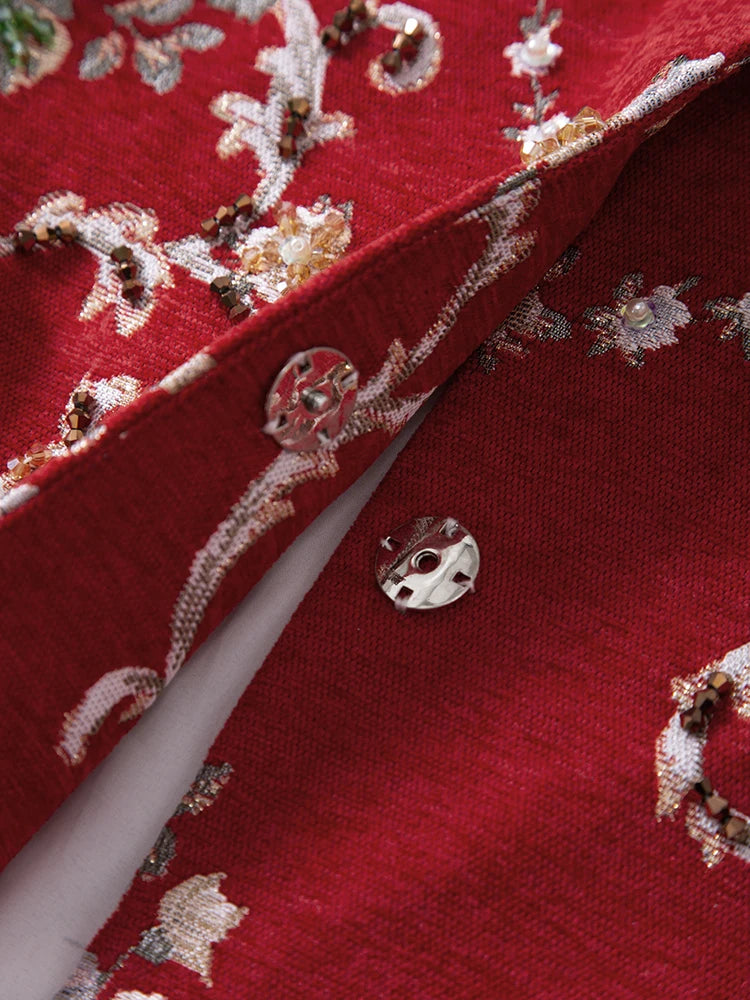 Women Red Embroidered Beaded Jacket Floral Longline Coat Round Neck 3/4 Sleeve Loose Casual Vintage Outerwear Top |...