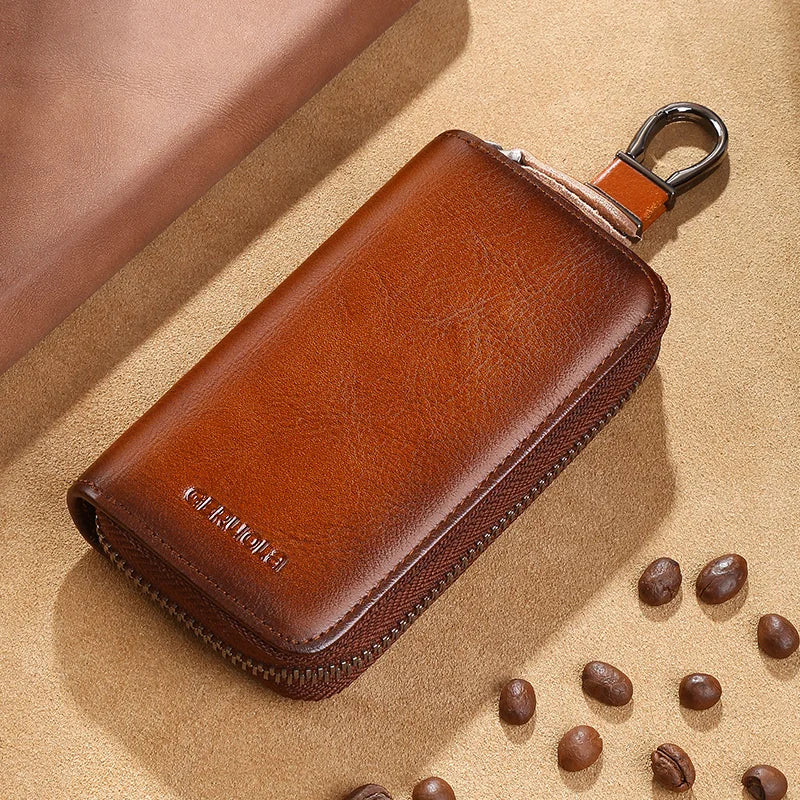Men'S Key Holder with 2 Card Slots + 1 ID Key Clip + 6 Key Rings + 1 Car Key Chain, Genuine Leather Large Capacity Multi-Car