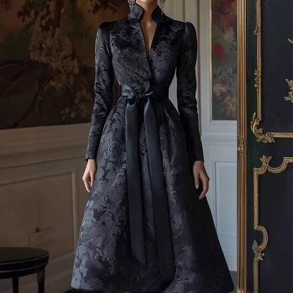 Retro Floral Print Satin Lace-up Bow Long Dress Spring V Neck High Waist Elegant Party Dress Fall Long Sleeve Woman Maxi Dresses