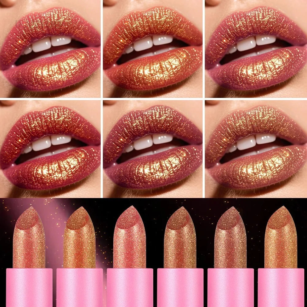 Gold Sparkling Brown Metallic Glitter Lipstick Long-Lasting Waterproof Non-Fade Shimmer Glitter Pearl Sexy Nude Lip...