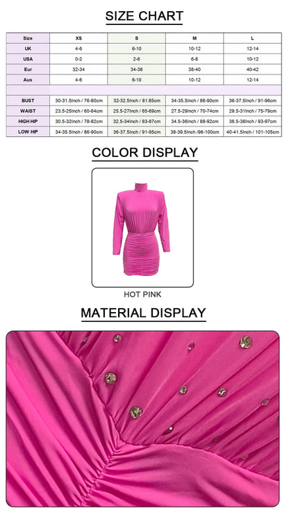 VC Chic Hot Pink High Neck Long Sleeve Mini Dress with Sparkling Rhinestone Embellishments and Ruched Detailing
