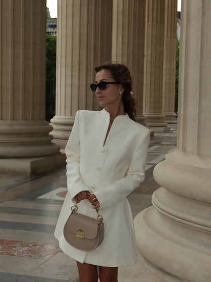 White Single Breasted A-line Mini Dress Women Elegant Solid Color Waist Pleated Short Dresses Daily Chic Evening Dinner Gowns