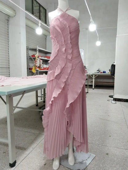 Folded Halter Chiffon Irregular Dresses Spring Women Sleeveless Wrap the Chest Long Dress Summer High Waist Knee Length Dress