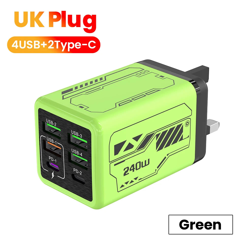 240W 6 Ports 4USB+2Type C Super Fast Charging Mobile Phone Charger USB3.0 PD3.0 EU/UK/US Charger For Iphone 17 16 Samsung POCO