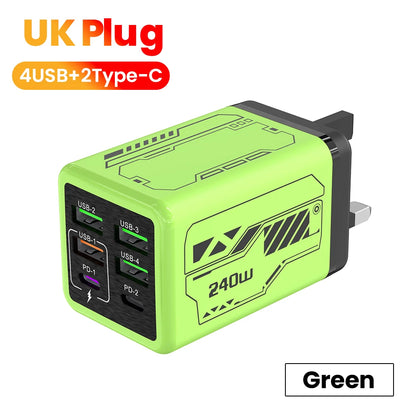 240W 6 Ports 4USB+2Type C Super Fast Charging Mobile Phone Charger USB3.0 PD3.0 EU/UK/US Charger For Iphone 17 16 Samsung POCO