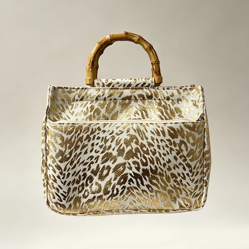 Retro gold-foil leopard print faux bamboo-handle women's tote bag, golden leopard pattern handbag | Kimlud Mid Range Bag
