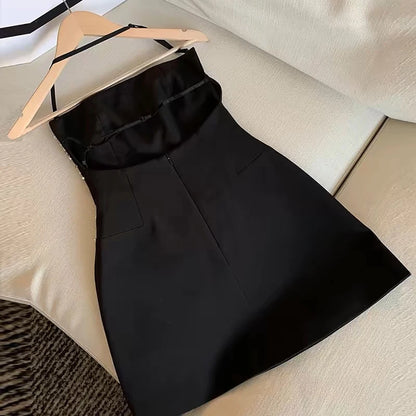 Spring Women Sleeveless Slash Neck Mini Dress New Luxury Diamonds Chest Wrapping Dresses Summer High Waist Backless A-line Dress