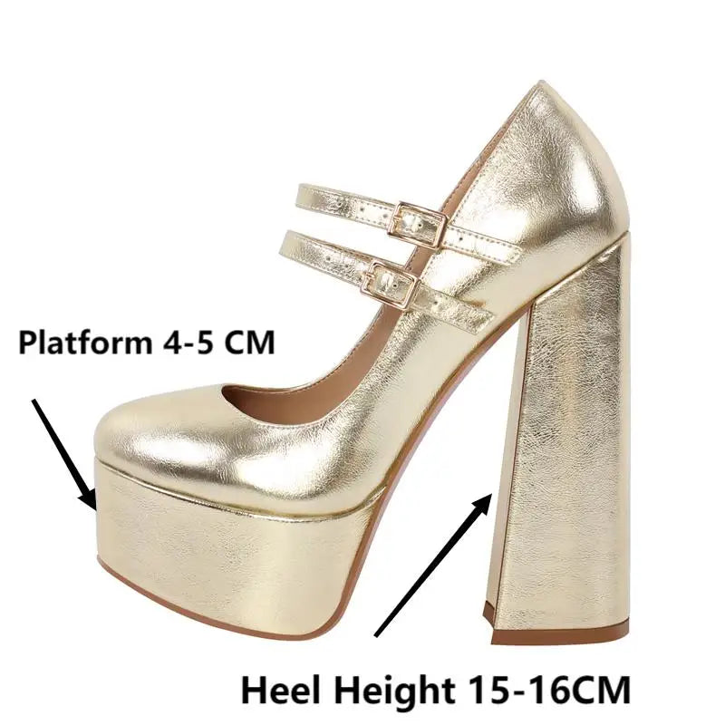 Onlymaker Women Mary-Jane Platform Pumps Gold Chunky 16CM High Heels Ankle Strap Dress Party Plus Size Hoof Heel Shoes