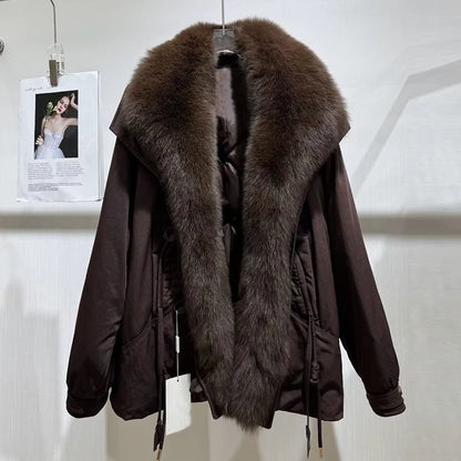 Women's Winter Down Jacket With Shawl Collar Short Real Fox Fur Puffer Jacket Genuine Fox Fur Coat Fashion Furry Jacket - Kimlud