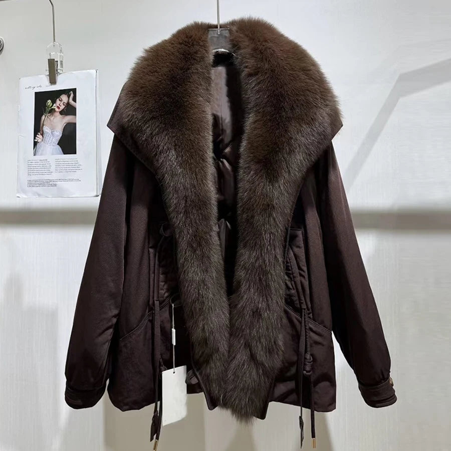 Women's Winter Down Jacket With Shawl Collar Short Real Fox Fur Puffer Jacket Genuine Fox Fur Coat Fashion Furry Jacket - Kimlud