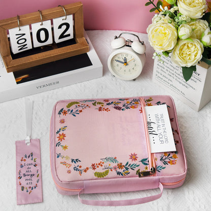 Bible Cover for Women, Pink Floral Scripture Case, Large Capacity Church Book Organizer, Christian Gift for Ladies