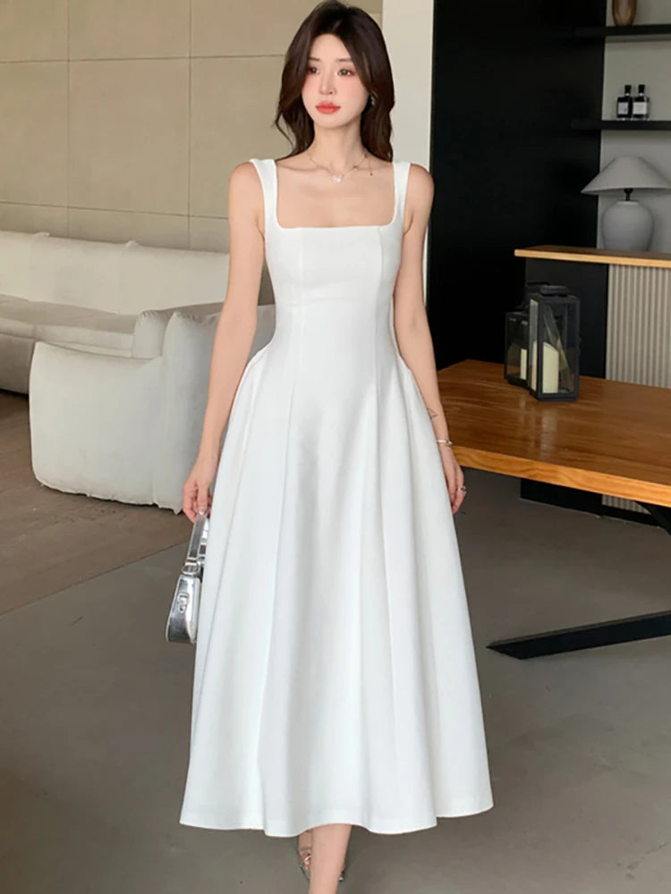 2026 New White Square Collar Sling Sexy Long Dress Women Elegant Luxury Dance Party Dress Summer Korean Vintage Bodycon Vestidos - Kimlud