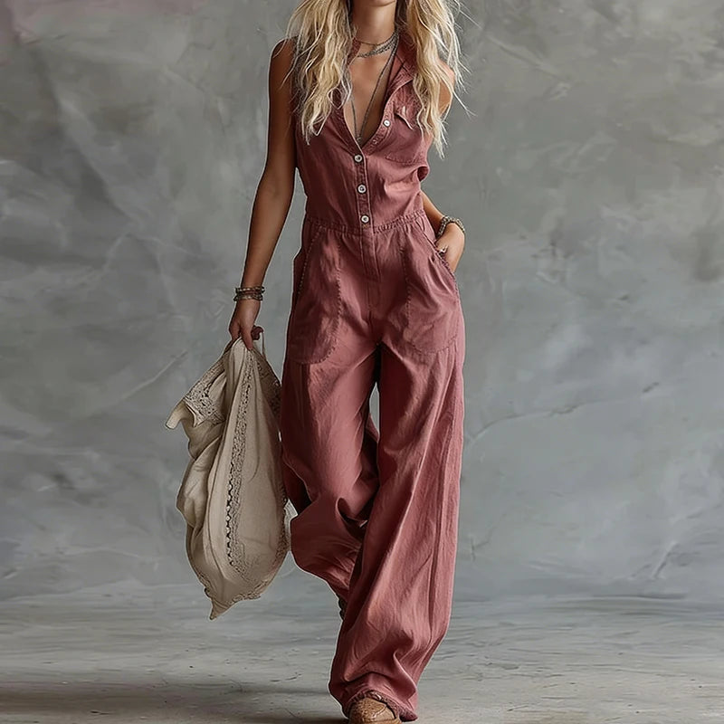 Women Summer Sleeveless Patchwork Jumpsuit Wide Leg Pants Playsuit Chic Bodysuit Button Detail Holiday Fashion Simple Design New - Kimlud