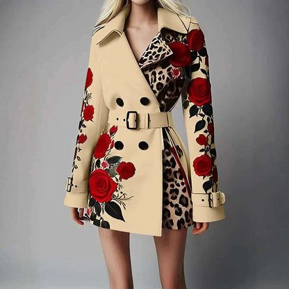 New Women's Spring Rose Leopard Print Suits Spring Office Elegant Slim Long Sleeve Coats Clothing With Belt For Women 2025 White
