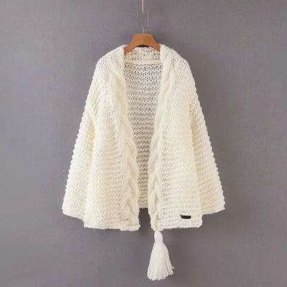 Hand-woven Split Wild Tassels Hook Twist Sweater Coat Crocheted Cardigan Autumn and Winter Thick Long Lantern Sleeve...