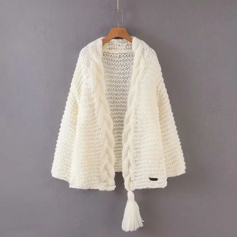 Hand-woven Split Wild Tassels Hook Twist Sweater Coat Crocheted Cardigan Autumn and Winter Thick Long Lantern Sleeve...