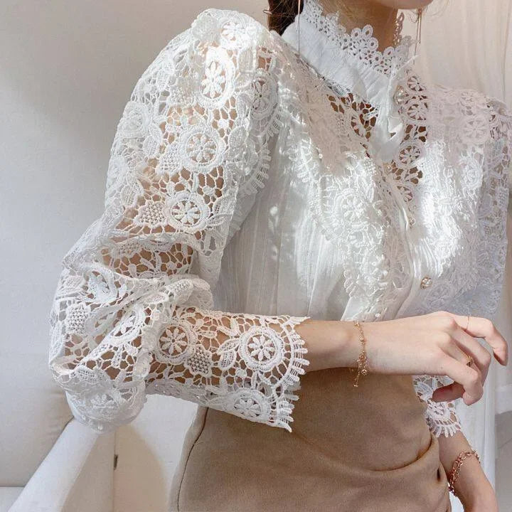 Spring Elegant Lace Office Shirt Women's Blouse Long Sleeve Button Up Blouses Tops 2025 Spring Fashion Casual Ladies Shirts Top