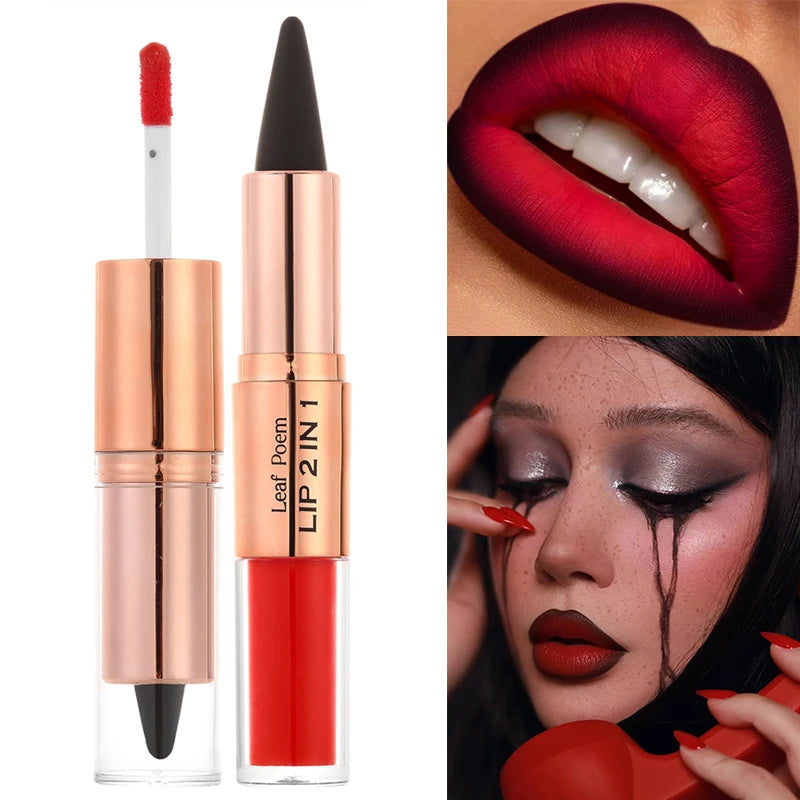 Sexy Red Black Lipstick Waterproof Lipliner Makeup Black Purple Rose Double Head Matte Lipgloss Tapered Lip Liner...