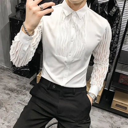 Spring Autumn Y2K Fashion Harajuku Shirt Men All Match Loose Casual Tops Patchwork Blusa Long Sleeve Button Lace Male Clothes - Kimlud