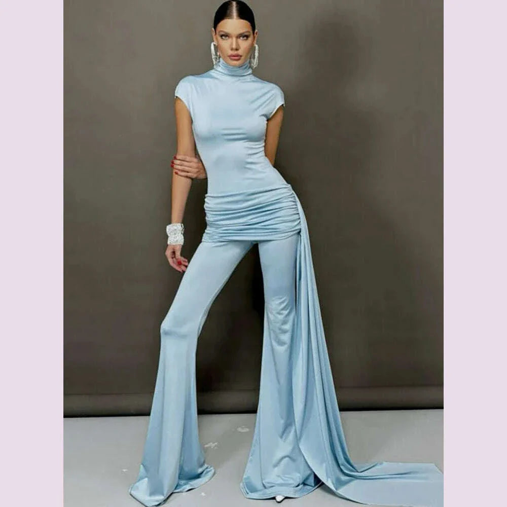 Fantoye Turtleneck Short Sleeve Ribbon Women Jumpsuit Blue Round Neck Ruched Jumpsuit Femme Spring Slim Elegant Party Streetwear