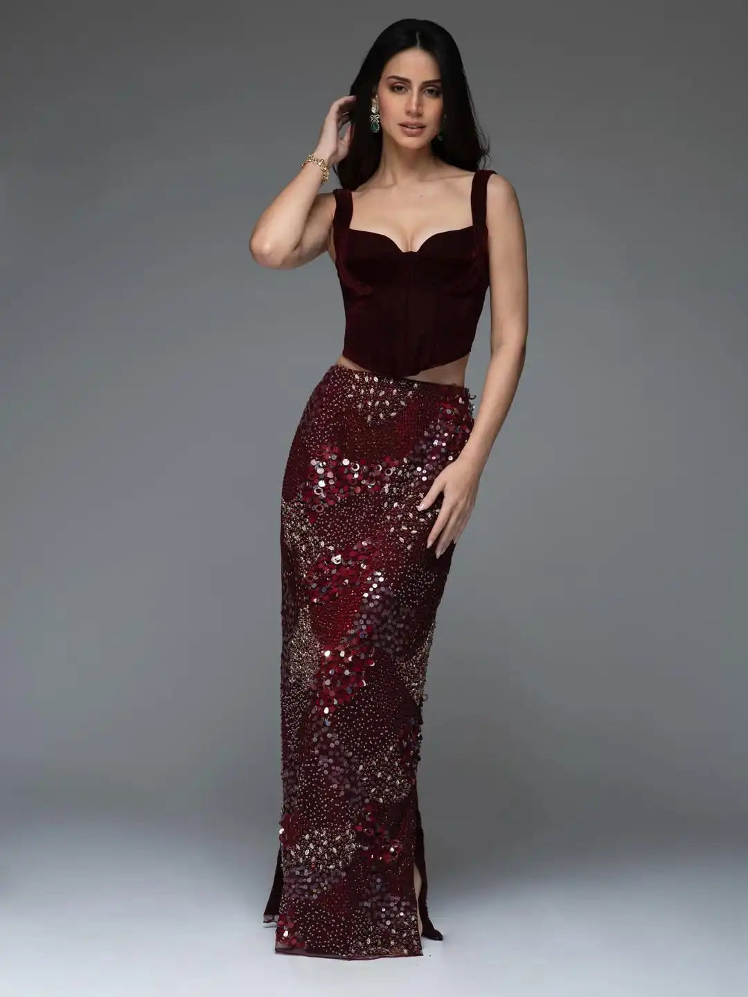Ofherown New Burgundy Two-Piece Evening Dress Velvet Corset Top Sequin Beaded Mermaid Skirt Formal Prom Gown for Gala Party Prom