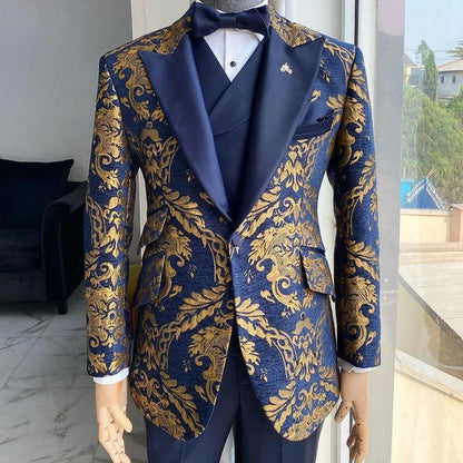 Jacquard Floral Tuxedo Suits for Men Wedding Slim Fit Navy Blue and Gold Gentleman Male Costume Suit Set | Kimlud Luxury Rug