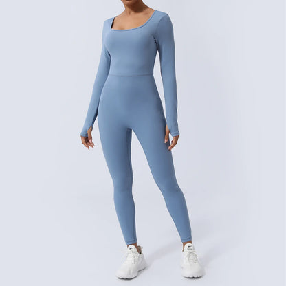 Women Fitness Jumpsuit Backless Long Sleeve Tights Yoga Set Running Training With Padded Sport Set - Kimlud