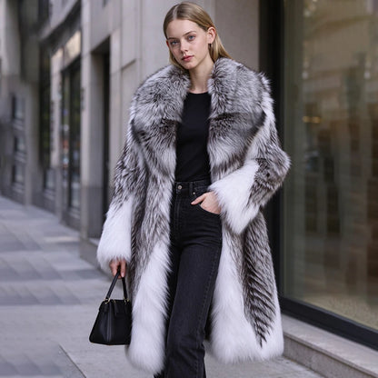 Long Fox Fur Coat With Turndown Collar Combined Fox Fur Jacket Real Silver Fox Fur Coat New Natural Fur Coats For Women