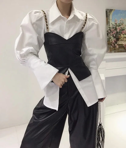 Spring Loose Bubble Sleeved Shirt Y2k White Shirts Women Chain PU Leather Vest Top Blusas Mujer De Moda 2024 Casual 2 Sets - Kimlud