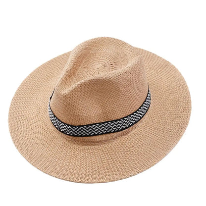 Fashion Unisex Panama Straw Hat Men Women Summer Casual Beach Flat Straw Hat Sunshade Wide Brim Jazz Fedora Cowboy Sun Hat