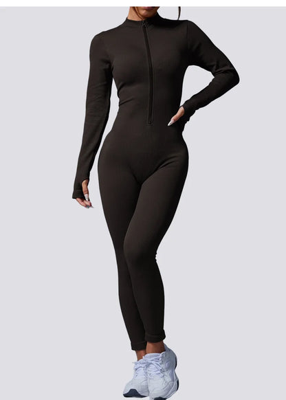 Half Zip Jumpsuit Women Gym Bodysuit Long Sleeve Activewear Set Running Workout Romper Fitness Overalls Sportswear Yoga Clothes