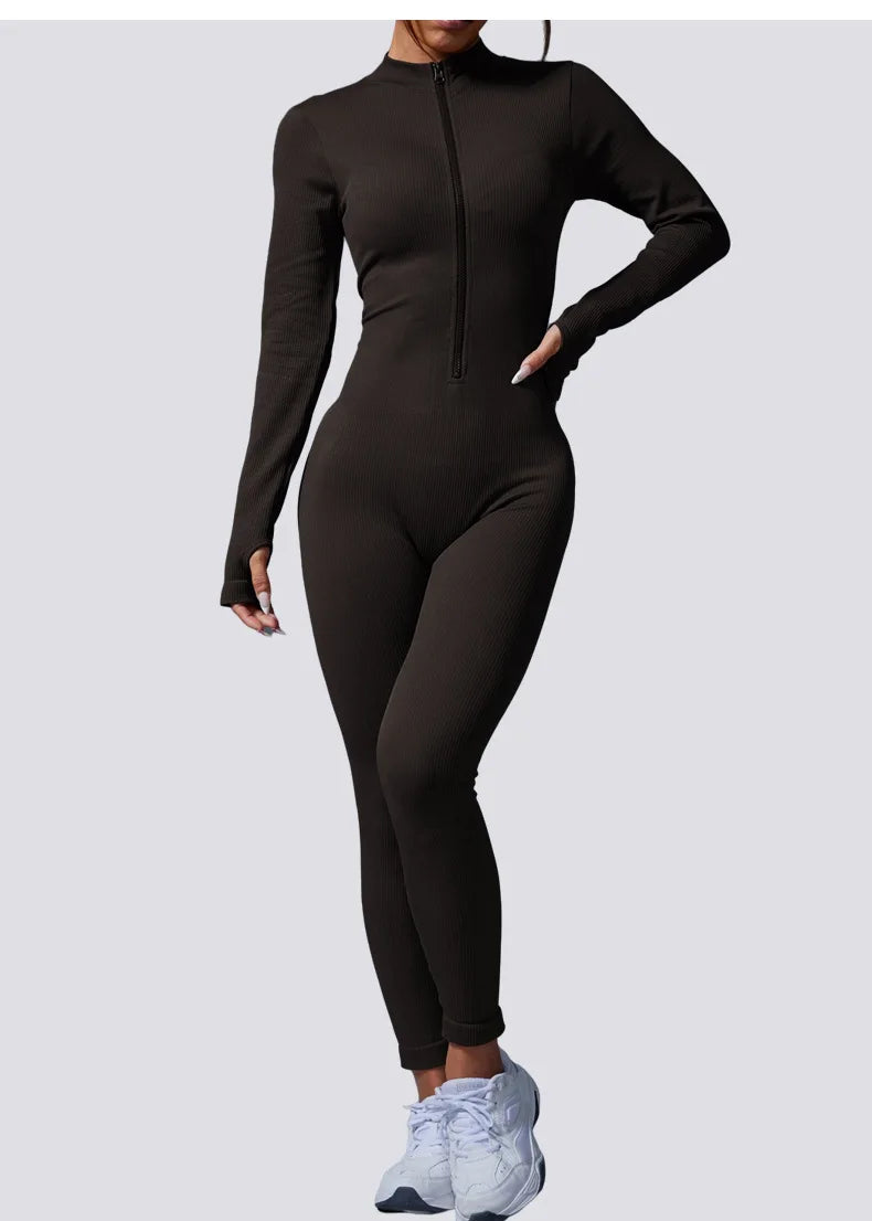 Half Zip Jumpsuit Women Gym Bodysuit Long Sleeve Activewear Set Running Workout Romper Fitness Overalls Sportswear Yoga Clothes