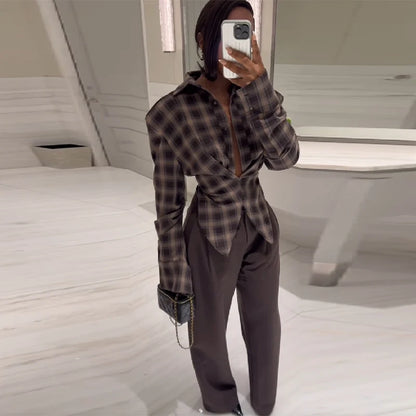 Women Chic Design Sense Plaid Shirt Fashion Casual Waist Cinched Slim Fit Long Sleeved Sexy Shirts  Autumn Stylish Women Tops